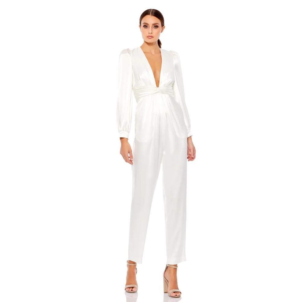 Ieena for‎ Mac Duggal Long Sleeve Ruched Plunging Neck Satin Jumpsuit